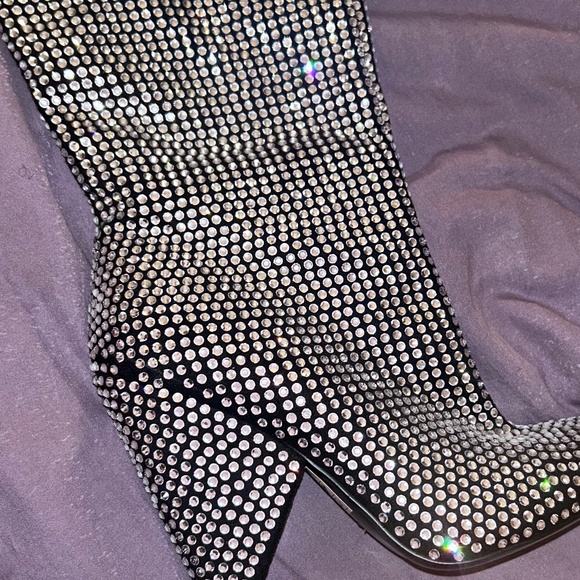 RHINESTONE EMBELLISHED CONE HEEL SLOUCHY BOOTS - Picture 10 of 12